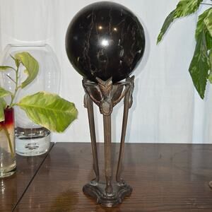 Vintage Black Quartz Orb with Bronze Stand